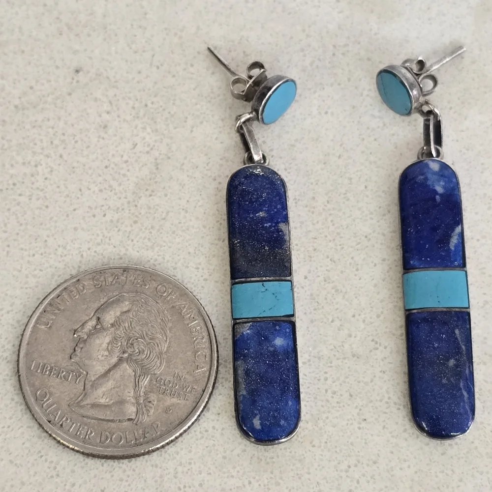 Vintage Native American Lapis & Turquoise Dangle Sterling Silver Earrings - Picture 5 of 5